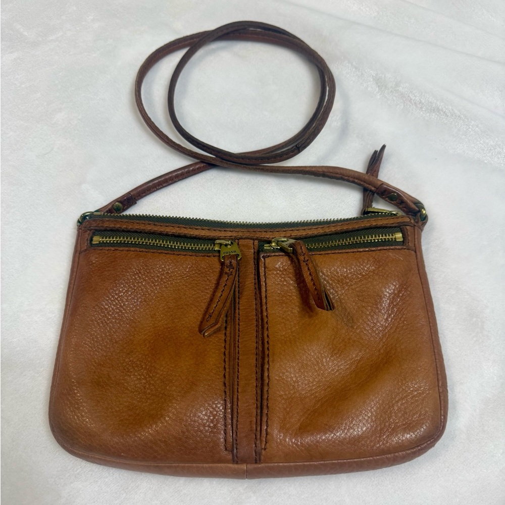 Fossil Erin Pebbled Leather Small Crossbody Bag Purse-Brown-3 Zip Pockets-Boho